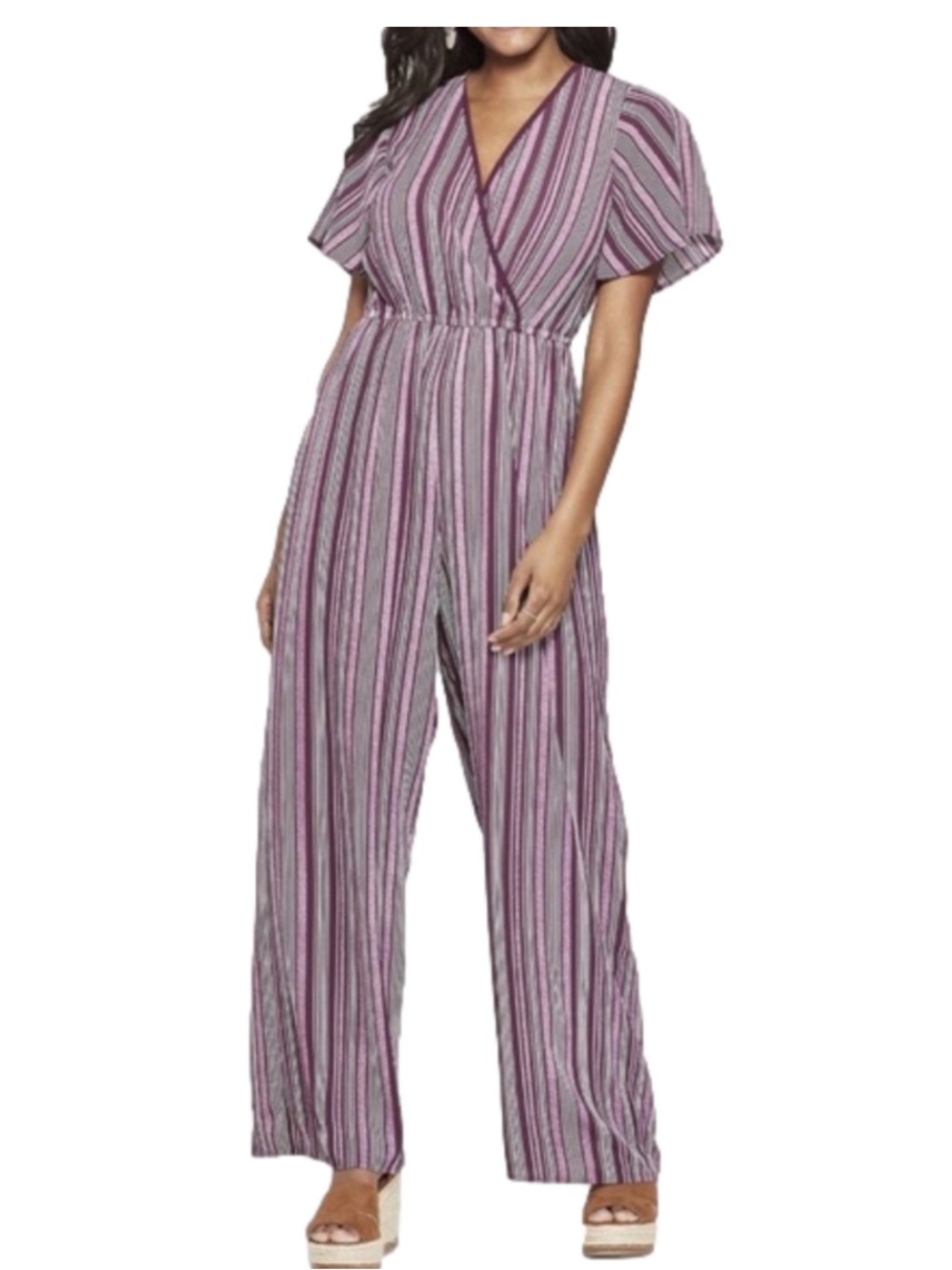 Xhilaration Women’s Purple/ Wht Striped Wrap V Neck Wideleg Jumpsuit Sz XS NWOT